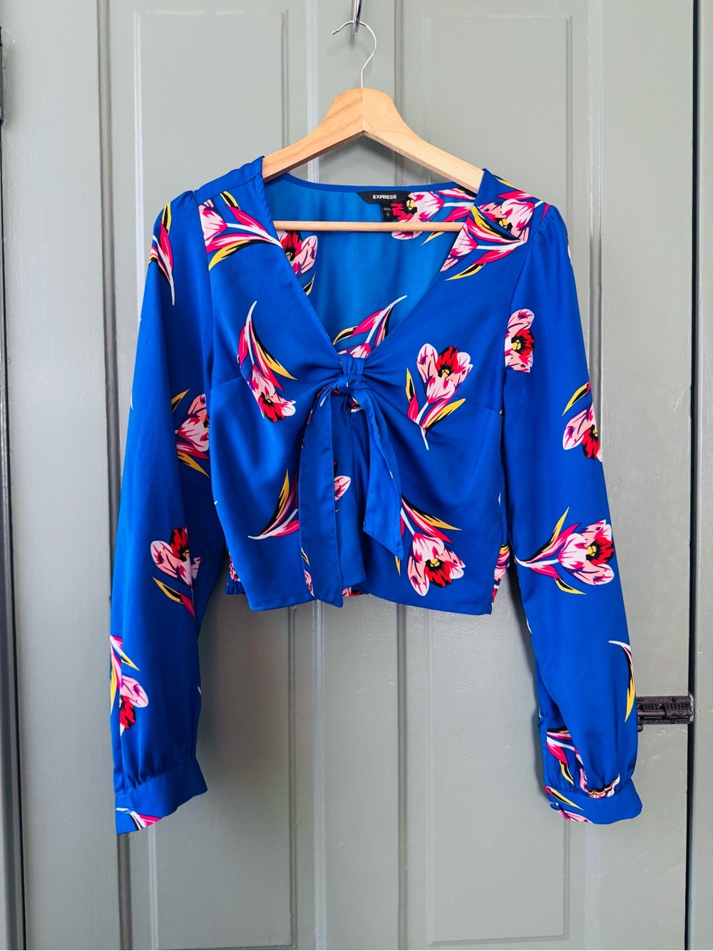 Express Royal Blue Floral Tie-Front Blouse